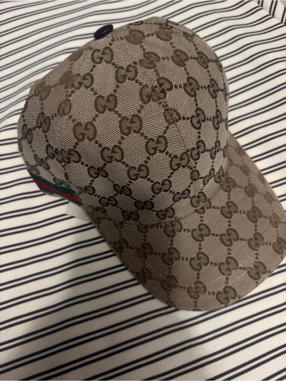 Gucci Brown Monogram Baseball Cap with Red-Green Web Stripe